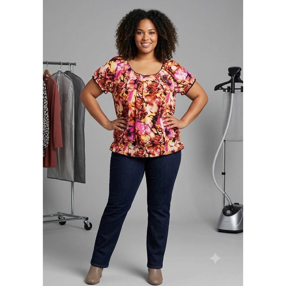 Cato Top Plus 26/28 4X Multi Color Abstract Lace Rosette Short Sleeve